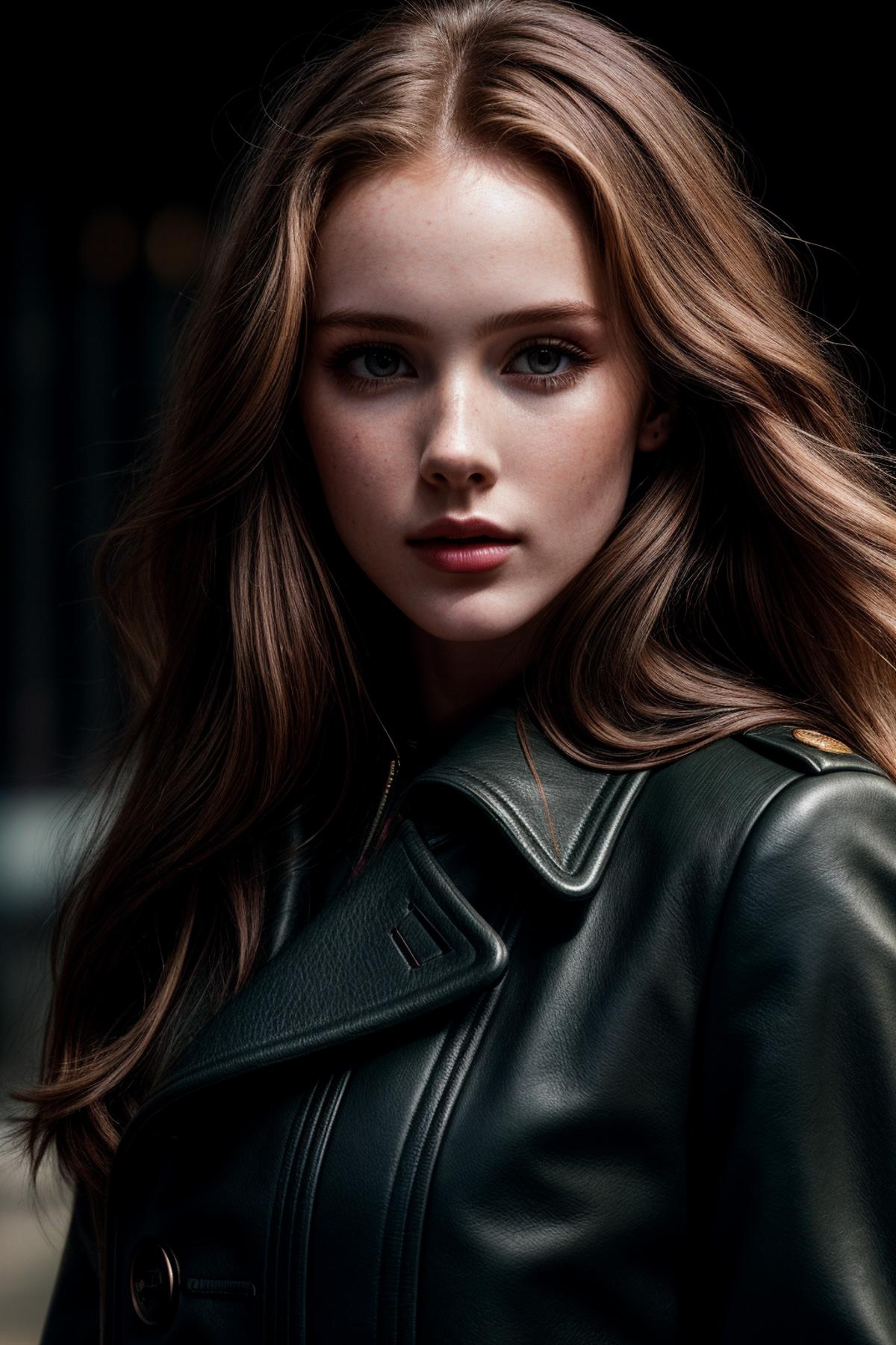 A close up of a woman in a black leather jacket - SeaArt AI