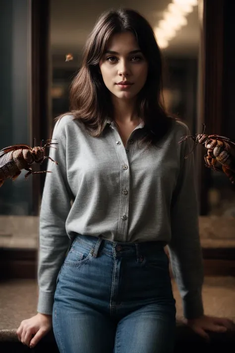 Clothed beautiful Woman who loves cockroaches, detailed, Cinematic