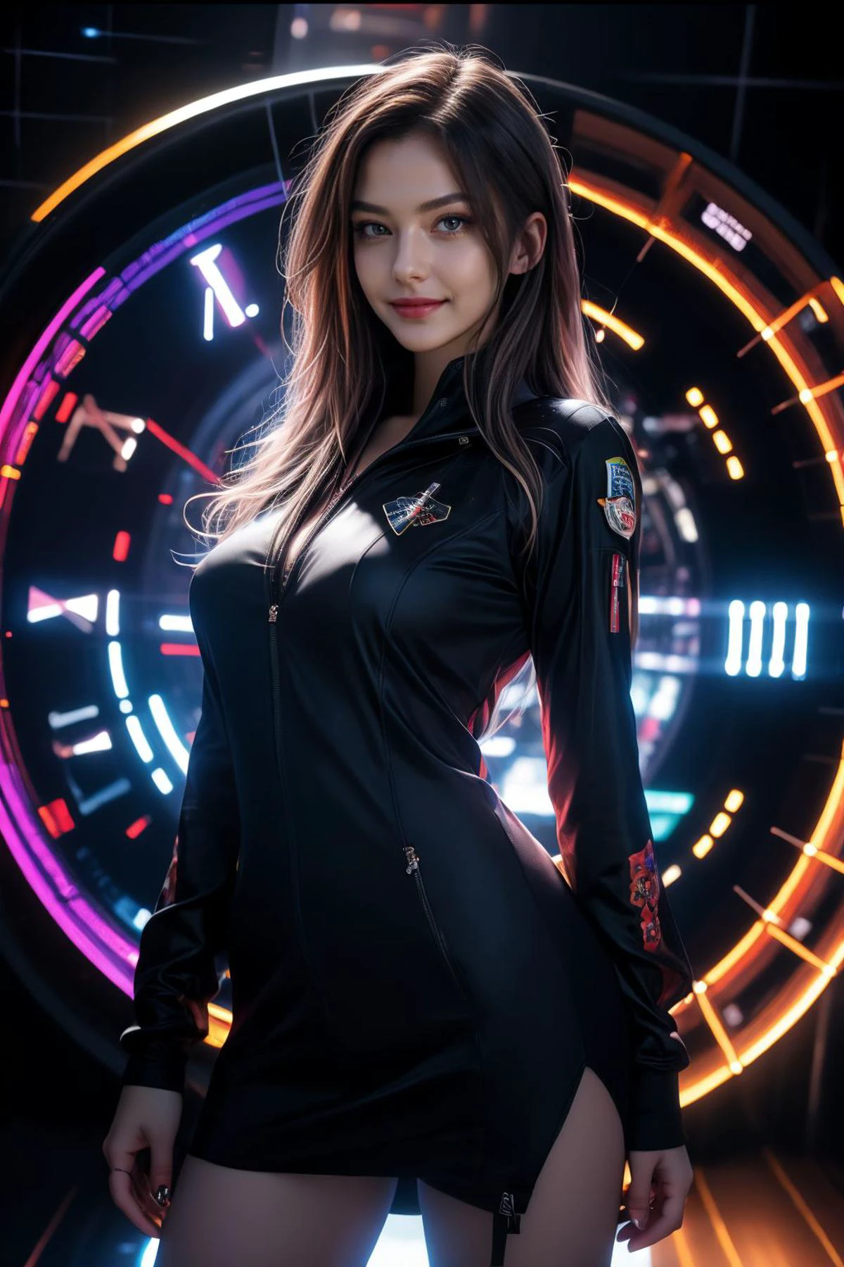 (RAW photo:1.2), (photorealistic:1.4), (masterpiece:1.3), (best quality:1.4), ultra high res, HDR, 8k resolution, 1girl, big breast, solo, ulzzang-6500-v1.1, green straight hair, arms up, (azure blue eyes), (glowing eyes, smile:1.2), (pale skin:1.2), red lips, violet hoodie, legwear, (space station, big clock, fractal:1.3), <lora:charming_20231028021431:0.8> <lora:OC:0.22>