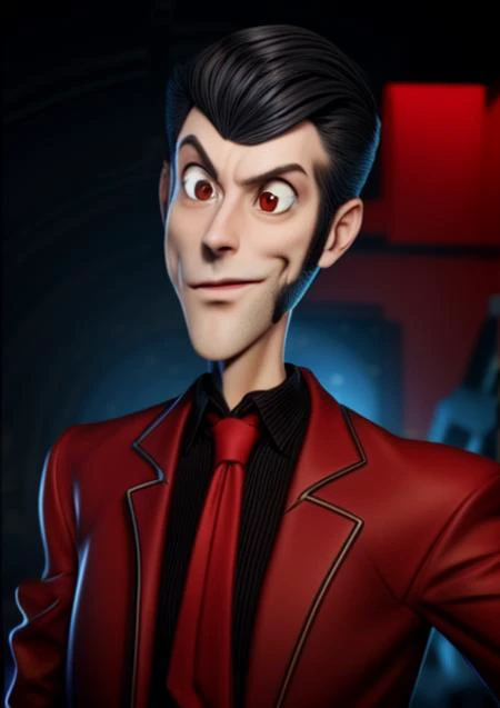 LUPIN, a man,short black hair with sideburns, black shirt with a red tail, bluesuit jacket, realistic envision,perfect quality, good quality, masterpiece, HDR, UHD