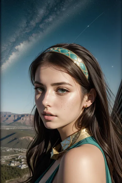 1girl, (photography art stylized by Bruce Davidson:1.2) , fantasy Painting by Adnate, elegant, Aerial View of a Rich Nervous lanky Lebanese (Woman:1.3) , she is surrounded by Portable chargerss, she is expressing guilt, she is Tutoring, she is dressed in her Bauhaus Headband, The Headband is Engrossing, the Woman has Chestnut hair, she has a Intense [Eastern|Mennonite] Mint green Round Glasses, Feline Collar, desolate mountains and Canis Minor constellation in background, Stars in the sky, in focus, Classical, Disgusting, Remodernism, hard light, 35mm, four colors, gilded technique, opulent, freckles, highly detailed face, trending on artstation, most beautiful artwork in the world, large-scale murals, subdued color palette