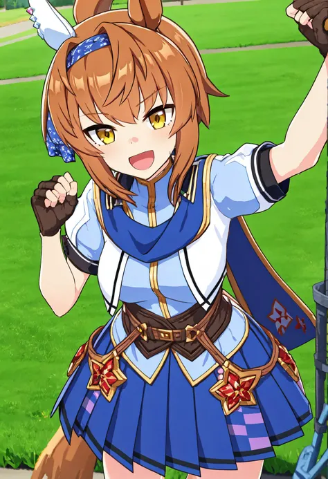 masterpiece, best quality,1girl,hair ornament,
sharp image quality as shown in the photo,best quality,ultra-detailed,detailed light,slim body,slim legs,slender body shape,slender,
furioso\(umamusume\), 1girl, solo, gloves, horse ears, skirt, fingerless gloves, open mouth, short sleeves, smile, blue skirt, bangs,hairband, 
shining sun,wet and shining,wire mesh fence,
<lora:GoodHands-beta2:1.0>  <lora:furioso-v3:0.7>