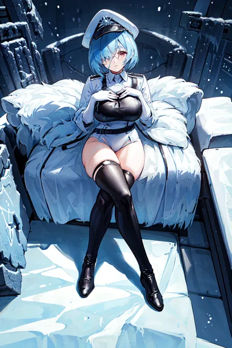 cinematiclighting, 1girl, ((masterpiece)),hdr, best quality,beautiful face, ultra-detailed, extremely detailed, kuybyshev, sitting ,crossing legs, curvy body, cold colors, stockings, hat, good hands,  good legs, from above, hands on the chest, curvy body, <lora:kuybyshev:0.7>