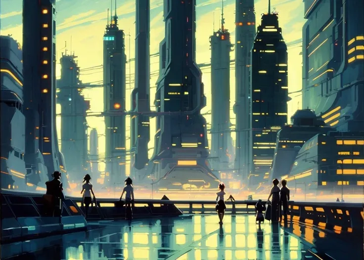 "star farm city", a far future sci-fi decopunk painting by greg manchess and makoto shinkai, trending on artstation, [:vibrant digital painting:0.4]