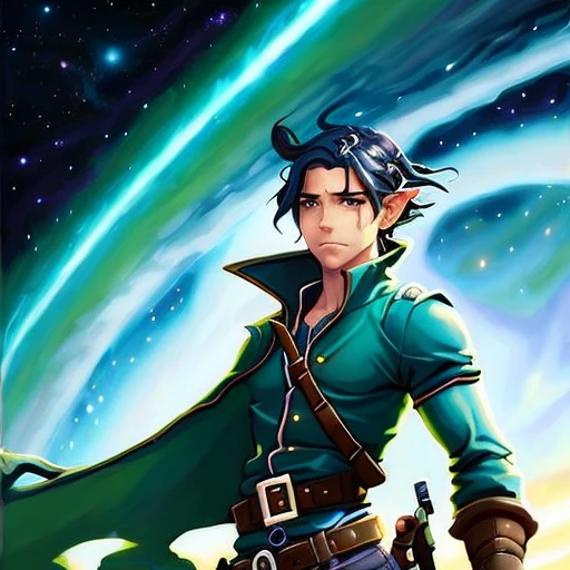 handsome elf, moody, salt and pepper punk hair, profile picture, cosmic background, steampunk fantasy painting by greg manchess and makoto shinkai, trending on artstation, [:vibrant digital painting:0.4]