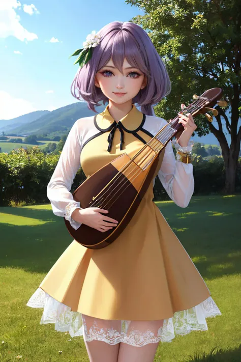 (masterpiece, best quality:1.2), solo, 1girl, tsukumo benben, smile, looking at viewer, holding, instrument, lute \(instrument\), twintails, hair flower, dress, long sleeves <lora:touhou_tsukumo:1.0>