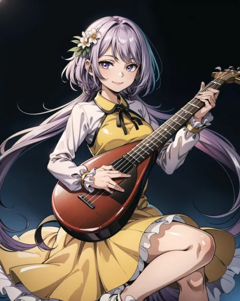 <lora:touhou_tsukumo:1.0>, 1girl, tsukumo benben, solo, smile, looking at viewer, holding, instrument, lute \(instrument\), twintails, hair flower, dress, long sleeves, <lora:add_detail:1>, masterpiece, best quality, perfect composition