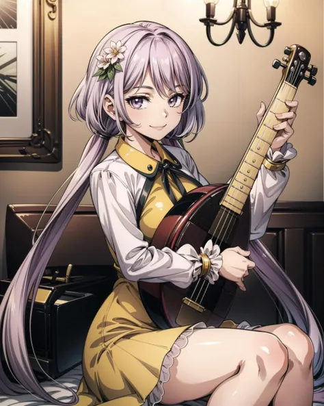 <lora:touhou_tsukumo:1.0>, 1girl, tsukumo benben, solo, smile, looking at viewer, holding, instrument, lute \(instrument\), twintails, hair flower, dress, long sleeves, <lora:add_detail:1>, masterpiece, best quality, perfect composition