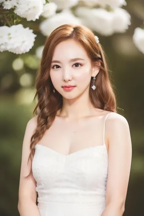 portrait, masterpiece, best quality, absurdres, 4k, realistic, (upper body:1.2), professional photography <lora:Nayeon LL1:0.8> twnayeon garden bridal brown hair