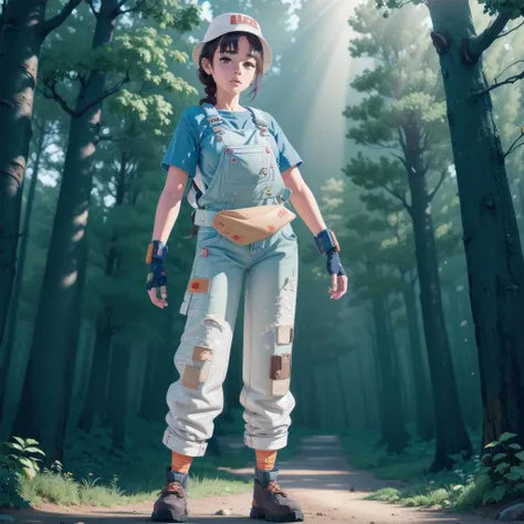1girl, solo, <lora:DuskMae-09:0.75>, denim overalls, bucket hat, dynamic pose, full body shot, cowboy shot, (8k, masterpiece, uhd:1.5), orange bandage on nose, looking at viewer, in a forest, god rays, sunny, <lora:add_detail:0.6>