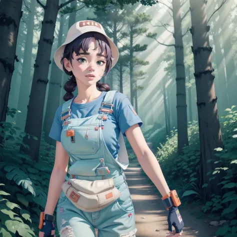 1girl, solo, <lora:DuskMae-09:0.75>, denim overalls, bucket hat, dynamic pose, full body shot, cowboy shot, (8k, masterpiece, uhd:1.5), orange bandage on nose, looking at viewer, in a forest, god rays, sunny, <lora:add_detail:0.6>