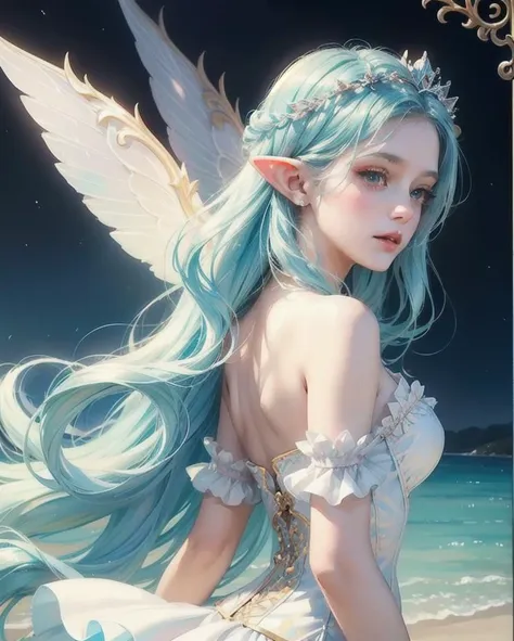 (Princess girl with wing, Blue, Pastel, glitter, dramatic, dreamy, pastel, Watercolor, Whimsical, Delicate, seashell crown, Trending on Artstation, Highly detailed, Intricate, Portrait, digital painting, Fantasy theme, Fantasy robes, Fantasy concept art, Fantasy character art, Smug, Teenage girl, perfect body, full body, dreamy, pastel, Watercolor, Whimsical, Delicate, seashell crown, art by loish and lois van baarle, Trending on Artstation, Highly detailed, Intricate, Portrait, digital painting, fabulously beautiful fairy elf, luminous wings, cute, 8k, ((masterpiece)), (best quality), (detailed), Beautiful, big, lovely eyes, Beautiful, goddess, nature girl, queen, Hyper realistic, HD, cards