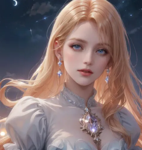 hair red gradient blonde,  night sky, detailed face, face focus, shiny skin, game cg, nigh sky, moonlight, moon,  white gloves, magical girl beauty in dress glass, Intricate Surface Detail,  Crystal Core , Ethereal Fantasy, Realistic, Fiction, Full-HD, 8K Photo