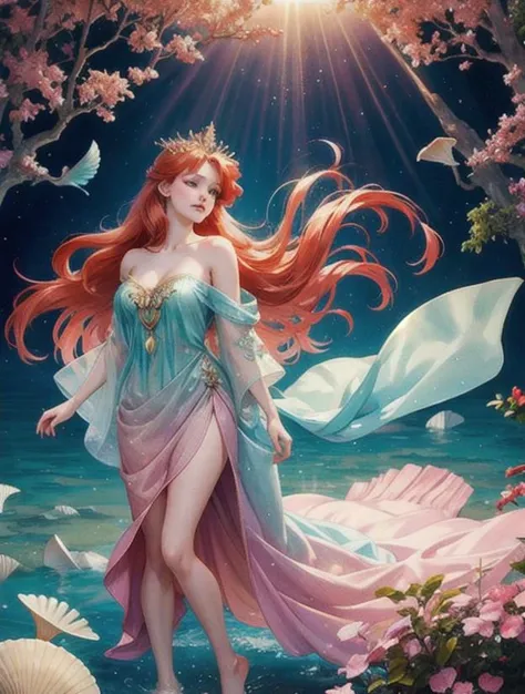 Ariel,mermaid girl with tail, Red hair, Pastel, glitter, dramatic, dreamy, pastel, Watercolor, Whimsical, Delicate, seashell crown, Trending on Artstation, Highly detailed, Intricate, Portrait, digital painting, Fantasy theme, Fantasy robes, Fantasy concept art, Fantasy character art, Smug, Teenage girl, perfect body, full body,(Classical Realism:1.3),(80s Art:1.3),naturalism,land Art,regionalism,shutterstock contest winner,trending on unsplash,featured on Flickr