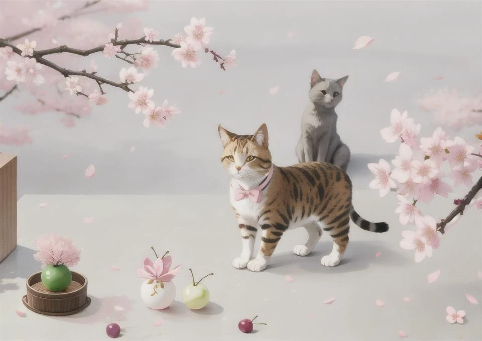 (animal:0.776), (bento:0.514), (bow:0.890), (bowtie:0.866), (branch:0.998), (cat:0.915), (cherry_blossoms:1.000), (dango:0.902), (eighth_note:0.537), (flower:0.999), (hanami:0.984), (instrument:0.511), (musical_note:0.975), (no_humans:0.956), (petals:0.707), (pink_flower:0.999), (plum_blossoms:0.642), (sanshoku_dango:0.883), (sitting:0.615), (spring_\(season\):0.940), (tree:0.980), (wagashi:0.814), (white_flower:0.608)
