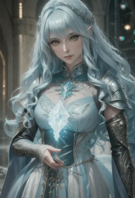 a woman princess of ice,  volumetric lighting, highly detailed, style 3/4, Photorealism, Bokeh blur, High detail close-up head, facing camera, realistic digital painting portrait of a gothic female blood elf, (curly hair:1.1), (hair:1.3), magical dark and red universe, magic cloth armor with red and yellow engrave in intricate details, (abstractbackground:1.2), (light particle:1.1), (very detailed skin:1.2), (game concept:1.3), (elden ring style:1.3), (arcane style:0.8), (depth of field:1.3), global illumination, art by hoang lap and fuji hoko and artgerm and greg rutkowski and viktoria gavrilenk