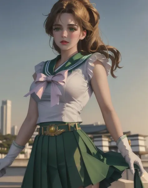 (Cinematic Photo:1.3) realistic, HD, Photo , eternal sailor jupiter , skirt green, belt, white gloves, background, HD. Photography (masterpiece:1.2, best quality), ultra detailed, Ultra-precise depiction, Ultra-detailed depiction,,Highly Detailed , outdoors, sunset, plants, japan building <lora:Jupiter10_16:1> <lora:4x_RealisticRescaler_100000_G:1> <lora:epiNoiseoffset_v2:1>