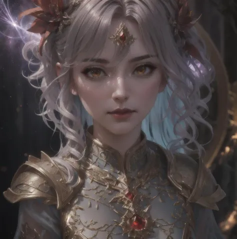 a woman princess of ice,  volumetric lighting, highly detailed, style 3/4, Photorealism, Bokeh blur, High detail close-up head, facing camera, realistic digital painting portrait of a gothic female blood elf, (curly hair:1.1), (hair:1.3), magical dark and red universe, magic cloth armor with red and yellow engrave in intricate details, (abstractbackground:1.2), (light particle:1.1), (very detailed skin:1.2), (game concept:1.3), (elden ring style:1.3), (arcane style:0.8), (depth of field:1.3), global illumination, art by hoang lap and fuji hoko and artgerm and greg rutkowski and viktoria gavrilenk