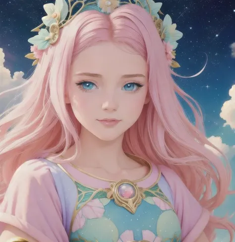 Princess girl with wing, Blue, Pastel, glitter, dramatic, dreamy, pastel, Watercolor, Whimsical, Delicate, seashell crown, Trending on Artstation, Highly detailed, Intricate, Portrait, digital painting, Fantasy theme, Fantasy robes, Fantasy concept art, Fantasy character art, Smug, Teenage girl, perfect body, full body, dreamy, pastel, Watercolor, Whimsical, Delicate, seashell crown, art by loish and lois van baarle, Trending on Artstation, Highly detailed, Intricate, Portrait, digital painting, (Cinematic Photo:1.3) of (Realistic:1.3),(Amusing:1.3) chibi, constellation, (1girl, solo:1.2), (chibi:1.3), eyeliner, eyelashes, looking at viewer, (shiny skin:0.16), (pale skin:0.33), (body blush:0.38), eyes beautiful, anime, realistic, masterpiece, best quality, still, cloud girl, floating in the sky, (close-up:1.1), bright, happy, fun, soft lighting,Highly Detailed,(Art Nouveau:1.3)