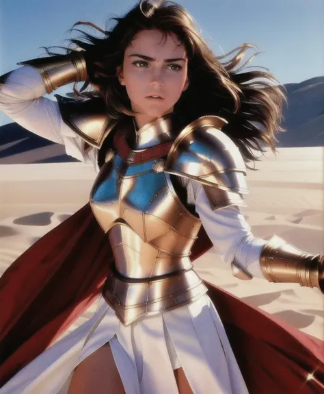 warrior, realistic, HD, 8k, dress white, 1980s, beauty face, armor gold, skirt red, ((realism)), extremely high quality RAW photograph, ultra detailed photograph, sharp focus, high resolution, (detailed skin:1,3),high quality, film grain, Fujifilm XT3,Highly Detailed, ,