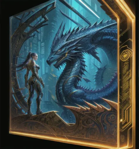 Cybernetic iron female and blue dragon near her with gold inserts on the cover in cyberpunk style with neon illumination, shoulders bare : Black Ink Flow: 8k photorealistic masterpiece: Aaron Horkey and Jeremy Mann: intricately detailed liquid gouache: Jean Batiste : calligraphy : acrylic : watercolor, professional photography, natural light, volumetric lighting, maximalist photo illustration : Marton Bobsert : 8k concept art, intricately detailed, complex, elegant, expansive, fantasy background