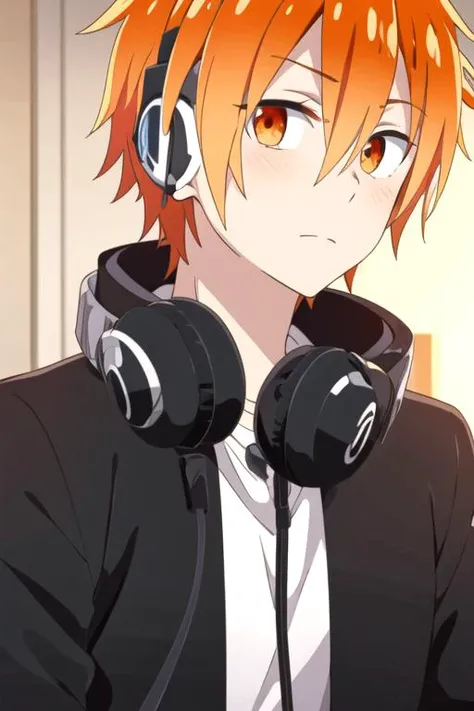masterpiece, best quality, game cg, 1boy, solo, male focus, looking at viewer, upper body, depth of field, <lora:kabuto_hanadori:0.74>, kabuto_hanadori, orange hair, orange eyes, , headphones