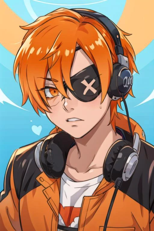 masterpiece, best quality, photorealistic, 1boy, solo, male focus, looking at viewer, , , <lora:kabuto_hanadori:0.68>, kabuto_hanadori, orange hair, orange eyes, eyepatch, headphones, , , ,
