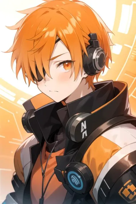 masterpiece, best quality, game cg, 1boy, solo, male focus, looking at viewer, upper body, , <lora:kabuto_hanadori:0.70>, kabuto_hanadori, orange hair, orange eyes, , headphones, , science fiction space opera, High resolution