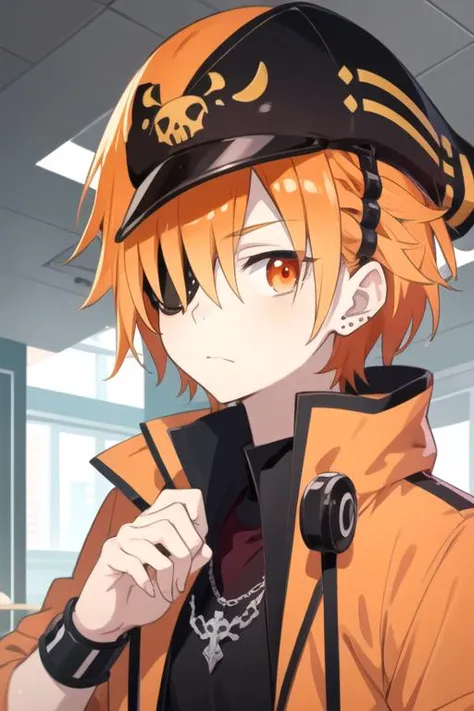masterpiece, best quality, illustration, 1boy, solo, male focus, looking at viewer, , depth of field, <lora:kabuto_hanadori:0.68>, kabuto_hanadori, orange hair, orange eyes, , , pirate costume, ,
