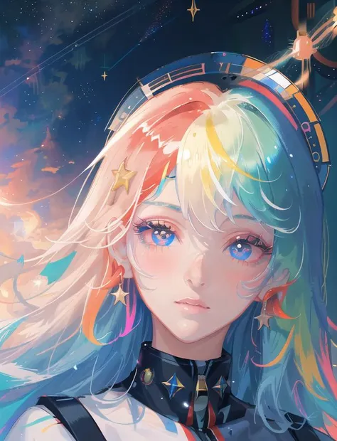 masterpiece, best quality, masterpiece, godlike quality, godlike art, highly detailed face, highly realistic, closeup, face only, cute, young girl, big eyes, long eyelashes, multicolored hair, multicolored eyes, shiny skin, full lips, big lips, shiny skin, blushing, magnificent view, in space, starry background, stars, shining light, multicolored light, spacial explosion, sunrays, multicolored rays,