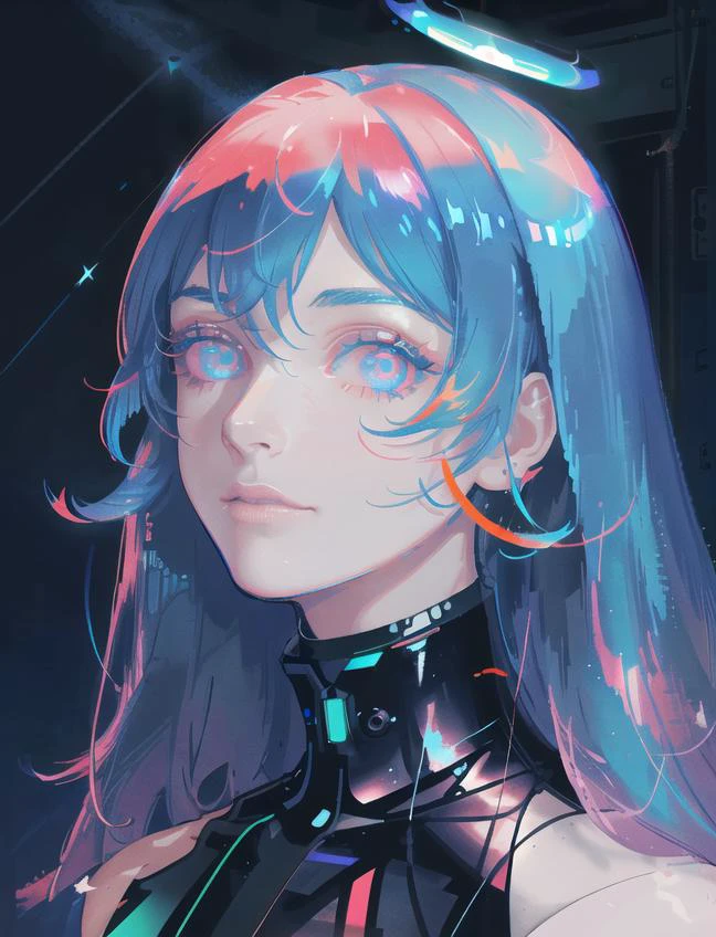 masterpiece, best quality, masterpiece, godlike quality, godlike art, highly detailed face, highly realistic, closeup, face only, face focus, cute, big eyes, long eyelashes, neon hair, neon lighting, neon eyes, neon sun, neon moon, neon theme, starry sky, stars in the background, shining halo, futuristic, sci-fi, science fiction, high contrast,
