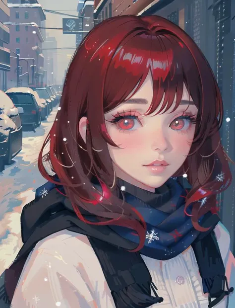 masterpiece, best quality, masterpiece, godlike quality, godlike art, highly detailed face, highly realistic, closeup, face only, cute, young girl, big eyes, long eyelashes, dark red hair, bright eyes, makeup, scarf, winterclothes, snowing, big city street, reflective ground, shiny skin, big lips, full lips, shiny lips, blushing, embarrassed, snowstorm, falling snow,