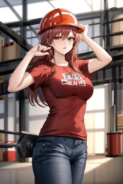 (warehouse:1.2), indoors, hardhat, long hair, large breasts, looking at viewer, angry, shaded face, long hair, red hair, t-shirt, pants, <lora:Warehouse:0.6>, <lora:Leirix2-10:0.6>