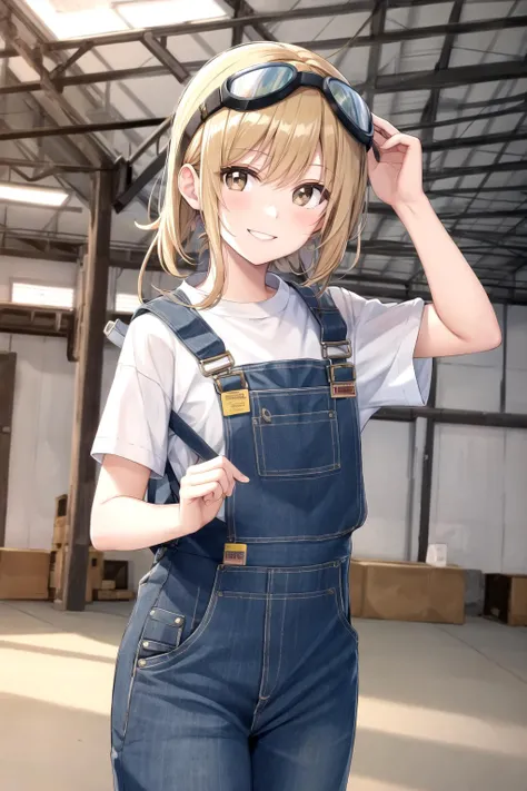 warehouse, indoors, goggles in head, overalls, smile, looking at viewer, <lora:Warehouse:0.6>