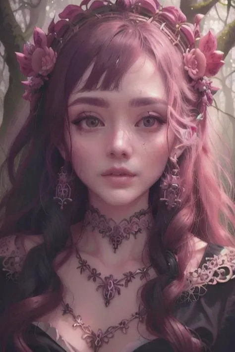 A 20 year old long pink mix black (gradations) haired woman, curly hair style, pink jewelry sharp dragon eyes, white/fair skin, with black dragon horns on top of her head and pink roses flowers against her horns. looks pretty, graceful yet intimidating and terrifying. wearing a fancy greek dress which make her looks like a goddess. make it with pink flower background and in anime style