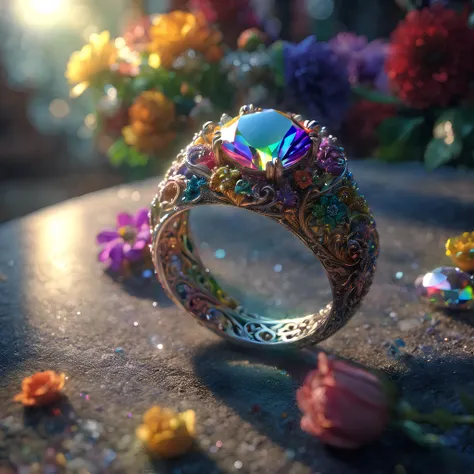 flower magic, focus on an elaborate ring, jewelry, ring, (intricate details), (hyperdetailed), 8k hdr, high detailed, lot of details, high quality, soft cinematic light, dramatic atmosphere, atmospheric perspective, refraction, rainbow colors,