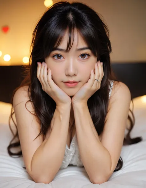 masterpiece, best quality, (adult girl), posing (very submissive:1.5), supporting head on hands, (cute face, temptations look), (shallow focus:1.2), (shy, in love, in love expression:1.2), (triangle shape face:0.6), (black hair:1.2, long brown hair), deep v top, dress, bed, (rim light from bottom-right:0.96), (Canon 50 f/1.2 lens bokeh),  <lora:hinaTuningFaceDetailer_SDXL-v2-rank256-pruned:0.7>