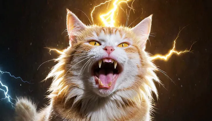 a masterpiece illustration of a cat becoming super saiyan emitting golden aura and lightning charge, open mouth, angry,