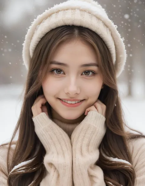 masterpiece, best quality, raw photo, realistic, (1girl, j-pop girl), (helf-length portrait:1.5), supporting head on hands, long hair, white sweater, sweater hat, (cute face, smile, temptations look), (snowing background), (sepia photography), (professional photo, balanced photo, balanced exposure)