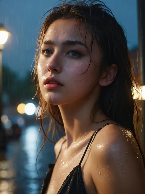(cinematic photographic),(wide view),(hyper realistic),(highly detailed), (masterpiece), (absolute details),(best Quality),(sharp focus), (hyper Details),(Vivid texture),(exact form),18 yo pretty girl, at Night, fog, one street lamp on a rainy street,illuminating strong light on face, texture, looking down, girl leaning back against a street lamp, side,soaking wet, gloomy,detailed short dress,best detailed girl, looking slightly,light and shadow, glowing,glaring, detailed wet skin,skin fluff,skin blemishes,detailed face,realistic bright skin,perfect eyes,Under the streetlight,heavy rain, crouching down,scale, proportion,closeup,best finger, loose fit,