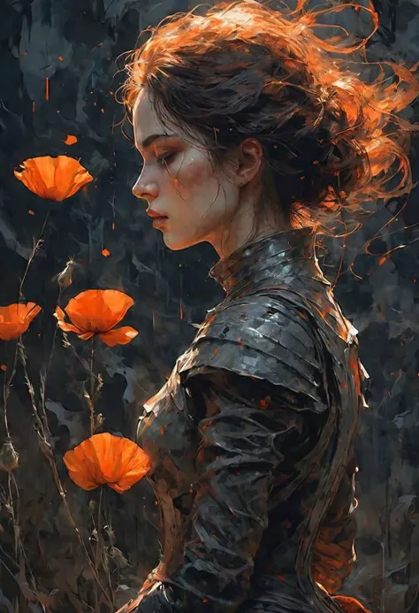 linquivera,coquelicot, beautiful woman, sorrowful expression, faded elegance, poignant atmosphere, lost beauty, melancholic aura, hauntingly captivating, timeless grief, stark contrast, delicate decay,line art,backlighting,wind,backlighting,stardust,(wind:1.2),knight,orange blood