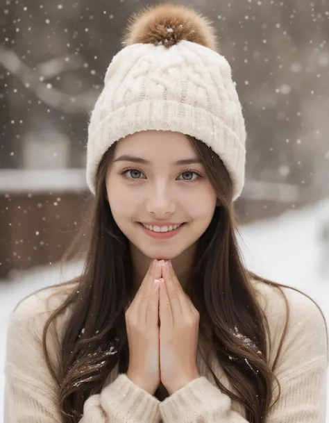 masterpiece, best quality, raw photo, realistic, (1girl, j-pop girl), (helf-length portrait:1.5), long hair, white sweater, sweater hat, (cute face, smile, temptations look), (supporting head on hands), (snowing background), (sepia photography), (professional photo, balanced photo, balanced exposure)