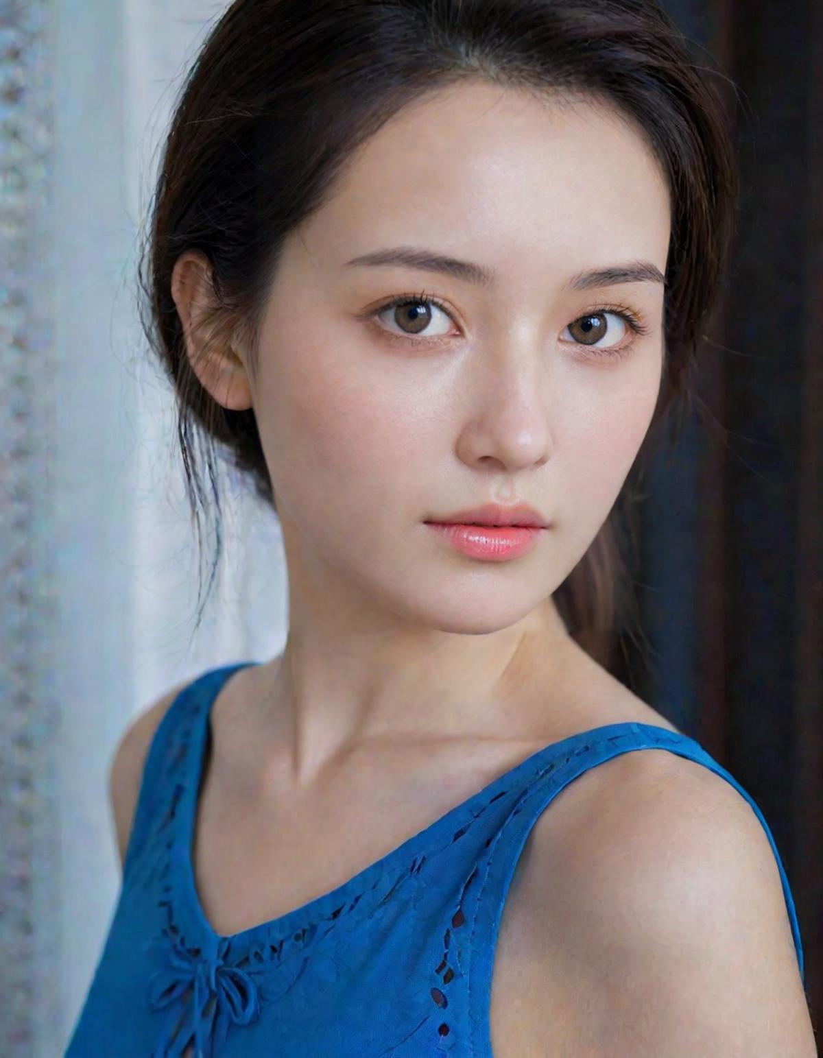 A close up of a woman in a blue dress posing for a picture - SeaArt AI