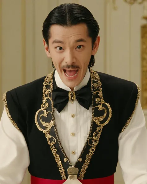assemblage art of a Goofy, the Man is 1900'S, he is wearing a Realism fashion style tunic, FOV 90 degrees, Anime screencap, pixiv, key visual, haute couture