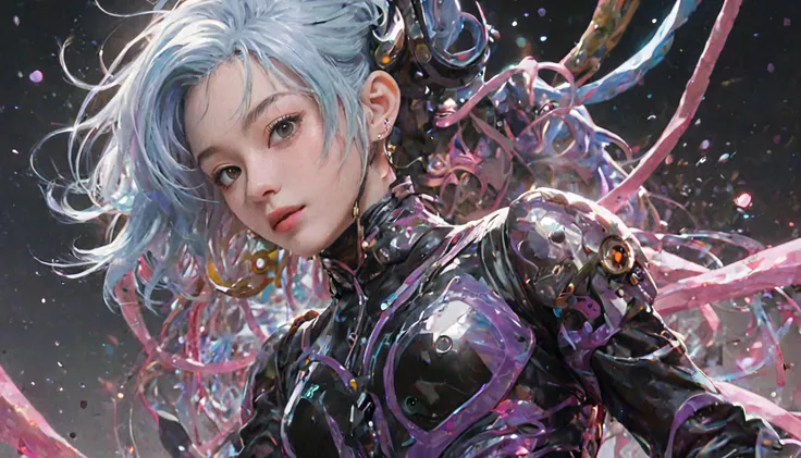 Chaotic maximalist anime illustration of an iridescent purple and black steel tight space suit worn by a woman with pastel blue hair, in the style of dark scarlet and light gold, liquid maximalist-core, use of precious materials, meticulous design, dark sanguine and pink, velvet - red and gold, stunning anime illustration, ray-tracing