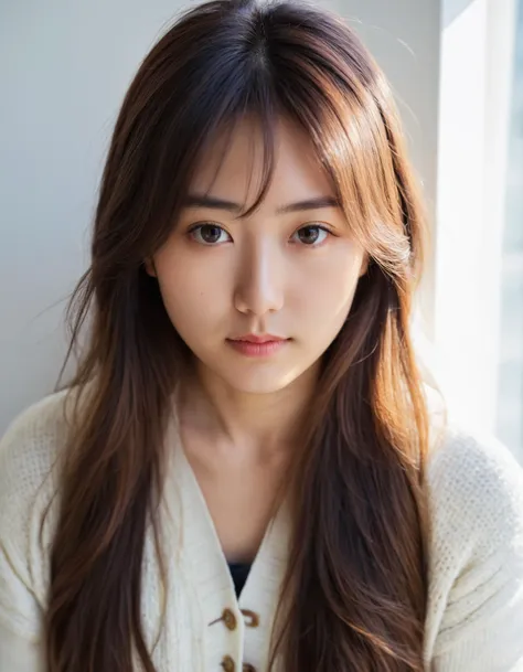 (masterpiece, best-quality, 8k, hdr, film grain), photo of Japanese girl in white cardigan, extreme detailed face, skinny face, triangle face shape, flowing long hair, (close up portrait), soft bokeh, hard shadows, simple background, white background, (instagram photo),