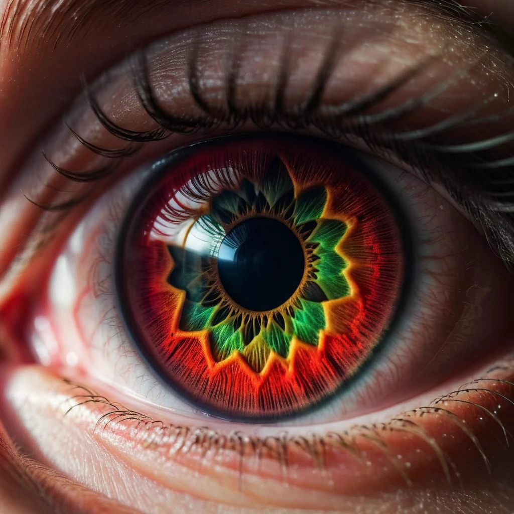 extreme macro shot, closeup of an eye, , detailed bright red-green fractal iris, eye of a young girl --s 750 --v 6.0 --style raw