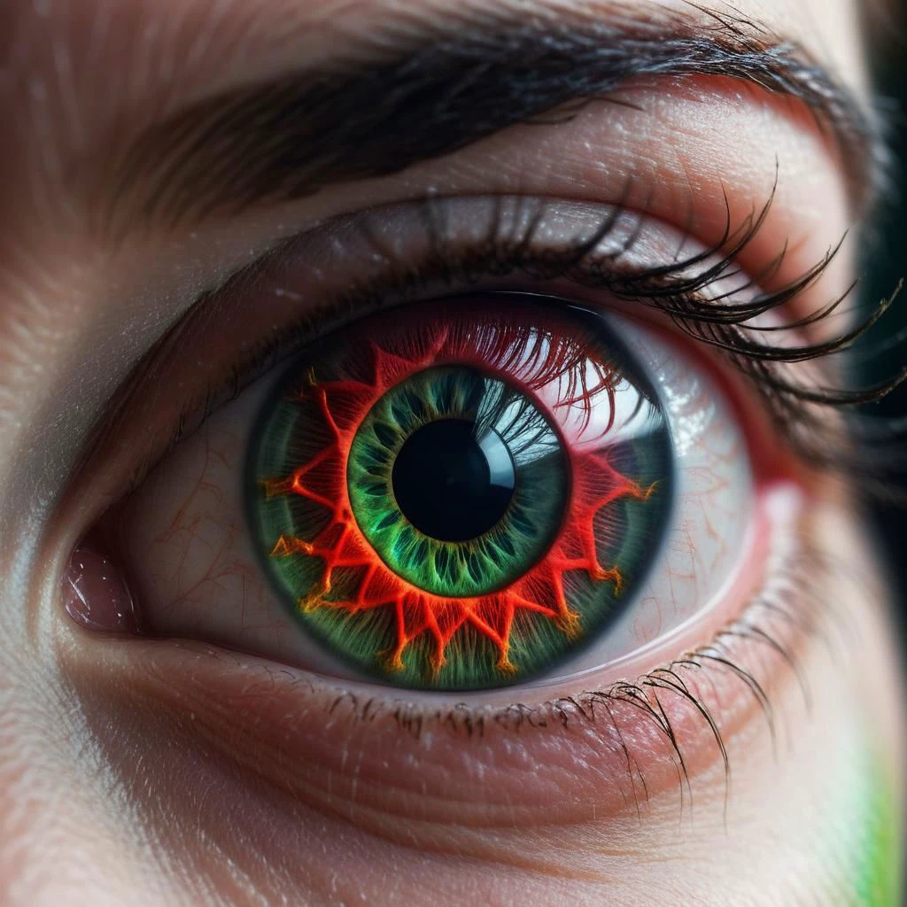 extreme macro shot, closeup of an eye, , detailed bright red-green fractal iris, eye of a young girl --s 750 --v 6.0 --style raw
