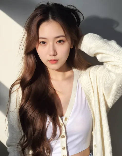 masterpiece, best quality, raw photo, realistic, instagram photo, portrait photo of 20 years old J-pop in white cardigan, (no markup), cleavage, pale skin, run her hand through her hair, (pout, thin lip), (flowing long hair), hard shadows, simple background