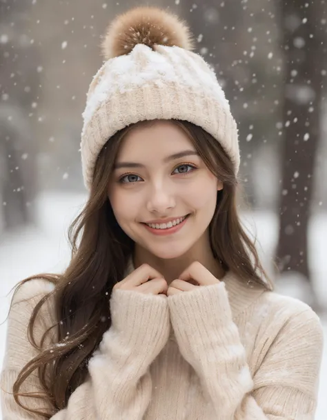 masterpiece, best quality, raw photo, realistic, (1girl, j-pop girl), (helf-length portrait:1.5), supporting head on hands, long hair, white sweater, sweater hat, (cute face, smile, temptations look), (snowing background), (sepia photography), (professional photo, balanced photo, balanced exposure)